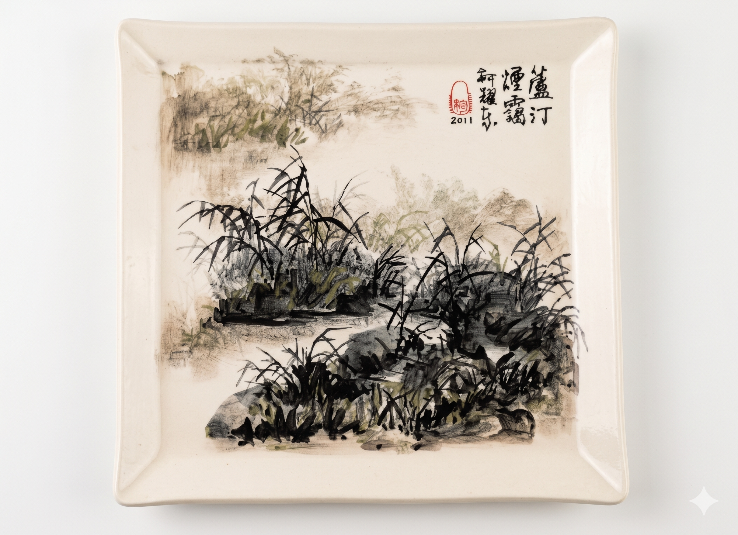 蘆汀煙霧水墨設色方盤