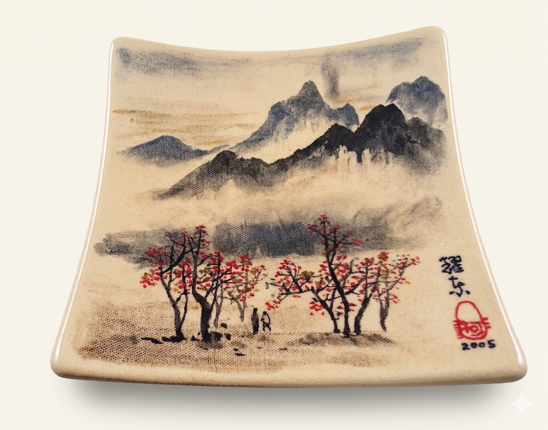 遠山紅葉圖景水墨弧形方盤